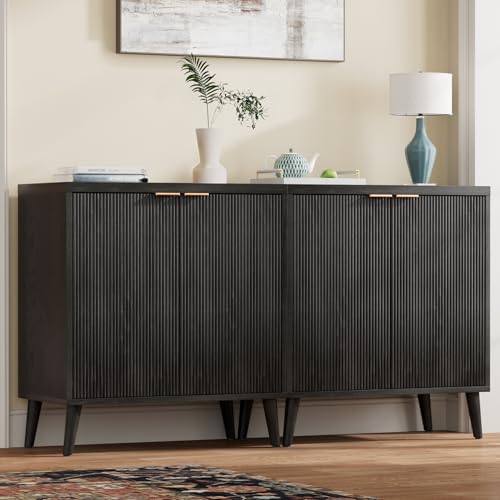 Fluted Sideboard Buffet Cabinet with Adjustable Shelf, Black Storage Console