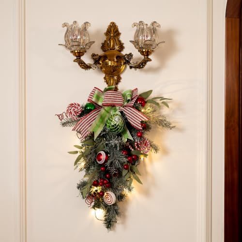 Valery Madelyn Christmas Teardrop Swag with Elf Decoration, Red Green White, 24 Inch