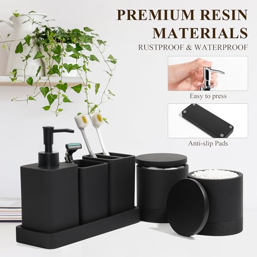 6-Piece Matte Black Bathroom Accessory Set with Soap Dispenser and Tray