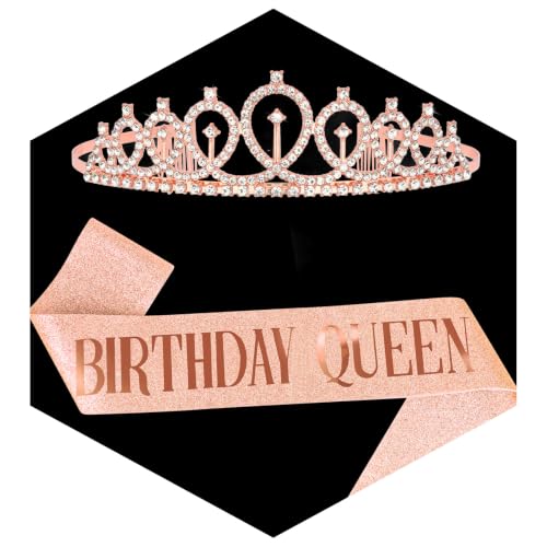 Rose Gold Rhinestone Tiara and Birthday Queen Sash Set
