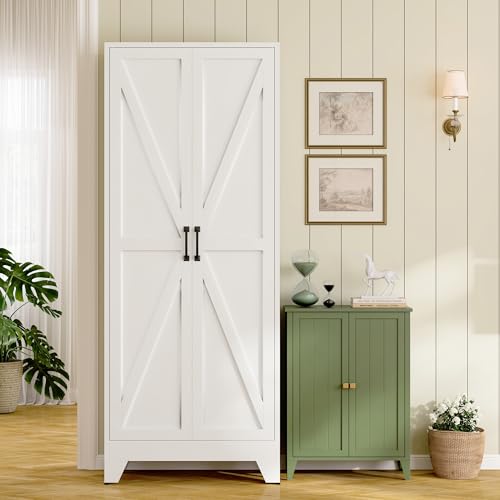 75" Farmhouse Metal Pantry Cabinet with Barn Doors and Adjustable Shelves