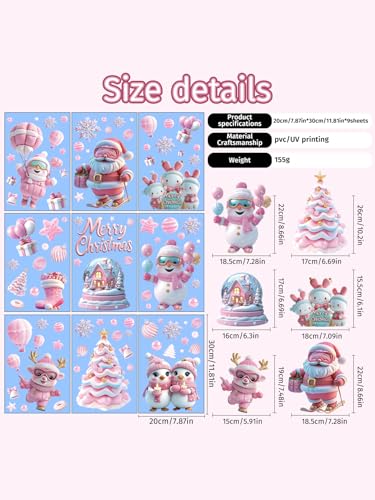 Qc3048 Pink Christmas Window Clings - 9 Sheets Holiday Decor for Glass Windows