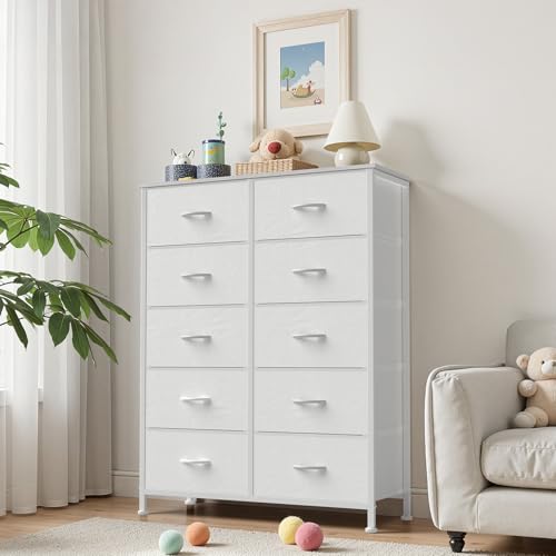 10 Drawer Tall Dresser Tower with Fabric Storage Bins and Wood Top
