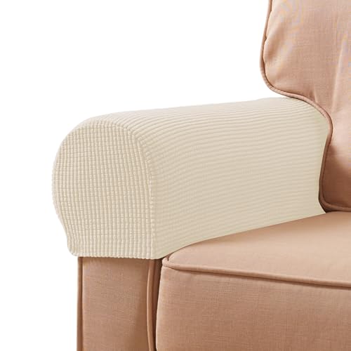 Stretch Couch Armrest Covers Set of 2 - Checkered Sofa Slipcovers, Ivory