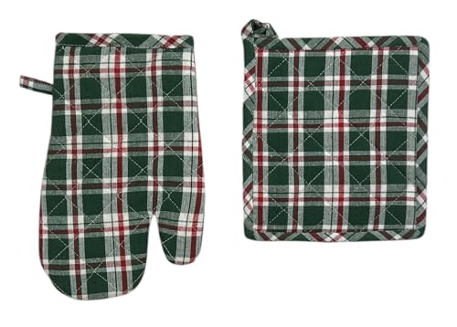 Serafina Home Green Red White Tartan Christmas Pot Holder & Oven Mitt Set