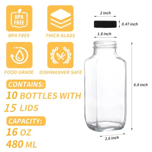 16oz Glass Juice Bottles with Airtight Lids - 10 Pack Reusable Containers