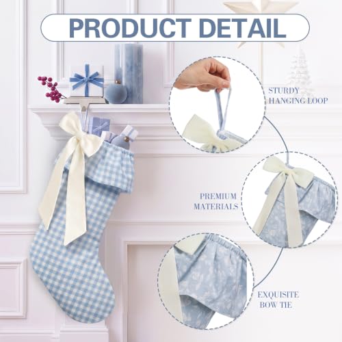 Twistover 4 Pack Blue Gingham Floral Christmas Stockings with Ruffled Cuffs & Bows