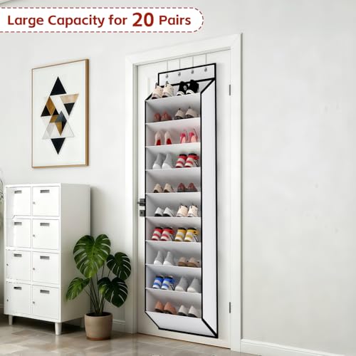 10-Tier Over-the-Door Shoe Organizer with Bamboo Support, White