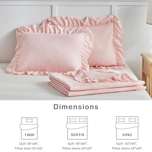 Pink Ruffled Quilt Set, Twin Size Lightweight Farmhouse Bedspread with Sham