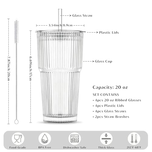 20 oz Ribbed Glass Tumblers with Lids and Straws - 4-Piece Set