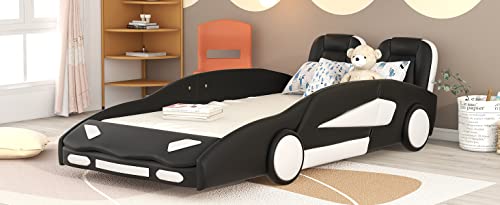Race Car Twin Platform Bed with Wheels - Sturdy Wood Kids Bed Frame