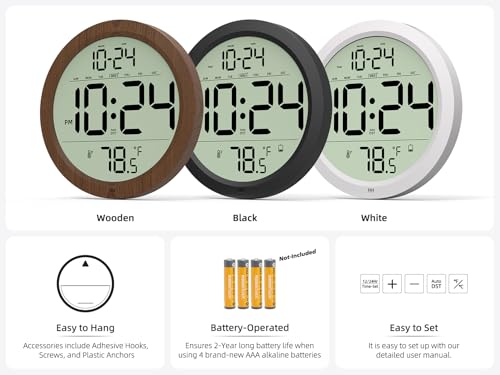 8-Inch Digital Wall Clock with Temperature, Date Display and Auto-DST