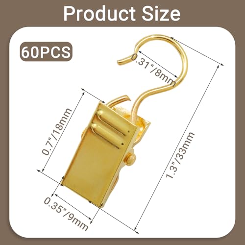 60 Pack Heavy Duty Alligator Clips, Gold Metal Hooks for String Lights & Decor