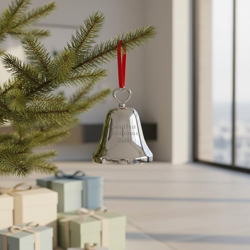 Personalized Silver Bell Christmas Ornament with Heart Top, Custom Engraved