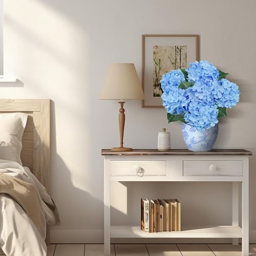 6 Pcs Blue Silk Hydrangea Artificial Flowers with Stems for Home & Wedding Decor