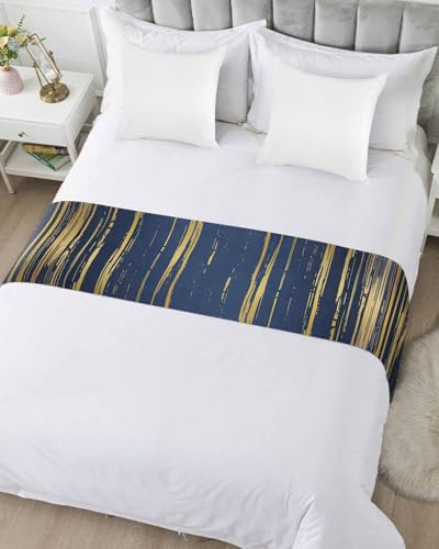 Navy Blue & Gold Line Satin Bed Runner - Modern Bed Scarf for Queen Bed