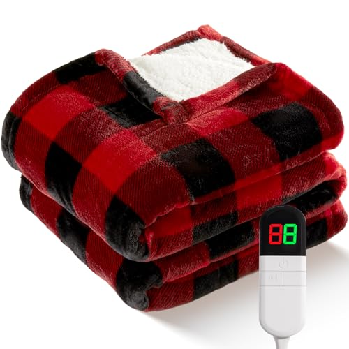 Electric Heated Sherpa Throw Blanket - Buffalo Plaid, 8 Heat Levels, Washable