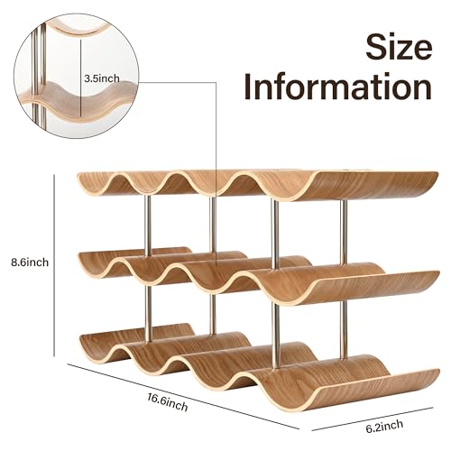 12-Bottle Wooden Countertop Wine Rack - 3-Tier Wavy Storage Holder