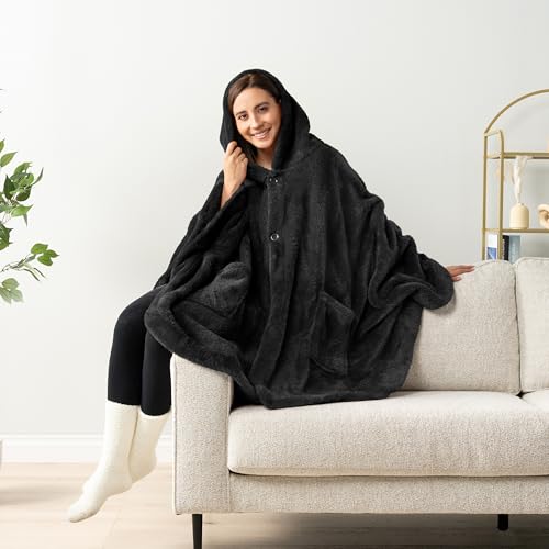 Sherpa Wearable Hooded Blanket Poncho with Pockets - Soft Fuzzy Wrap