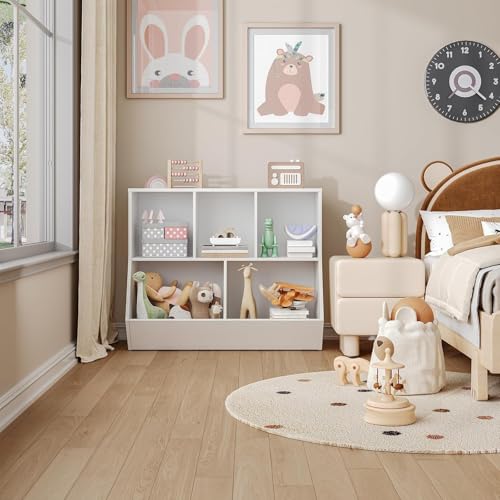 Kids Bookshelf and Toy Storage Organizer with 5 Cubbies, White