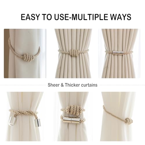 Magnetic Curtain Tiebacks - 2 Pack Decorative Rope Holdbacks for Drapes