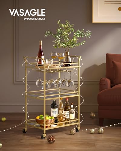 3-Tier Gold Bar Cart with Mirrored Shelves and Wine Glass Rack
