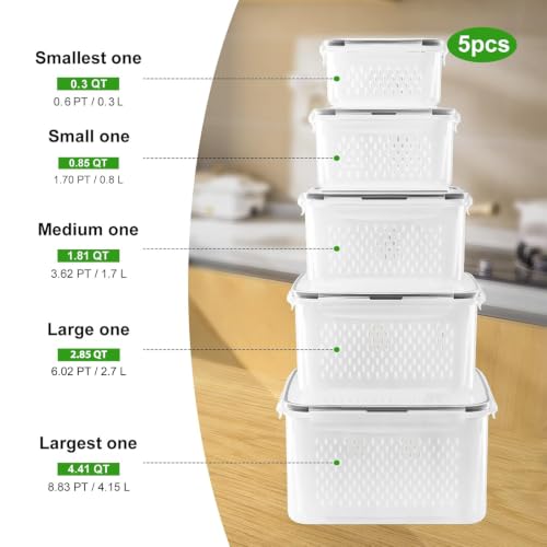 Freshmage 5 pcs Large Fruit Storage Containers with Colanders, Food Organizer, Fridge Bins, Variant wu