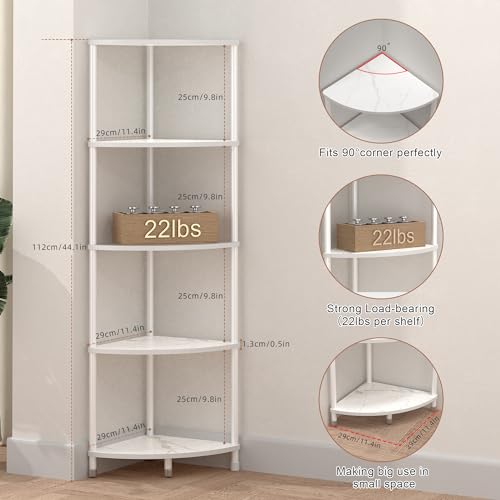5-Tier Corner Shelf Stand, 44-inch Kitchen Storage Organizer, Marble White