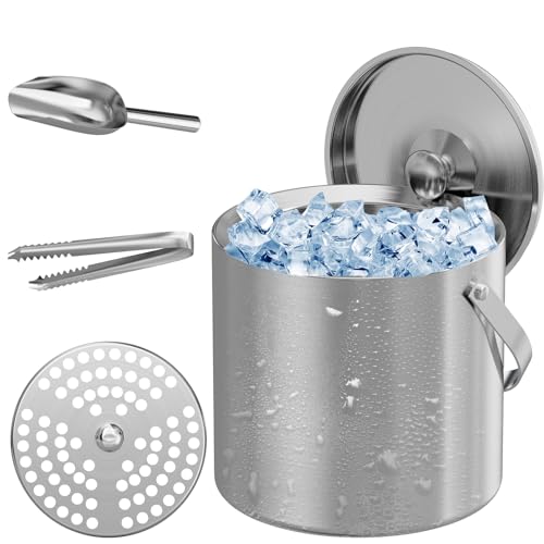 Stainless Steel 3L Double Wall Ice Bucket with Lid, Tongs & Scoop for Cocktails & Party Drinks