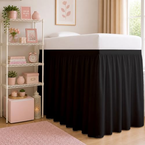 Twin XL Ruffled Bed Skirt with 36 Inch Drop - Black Microfiber Dorm Skirt
