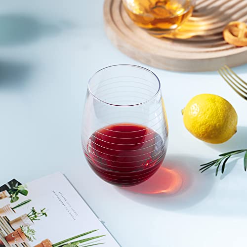 Hand Blown Etched Stemless Wine Glasses, 17.5 oz Patterned Glass Tumblers Set