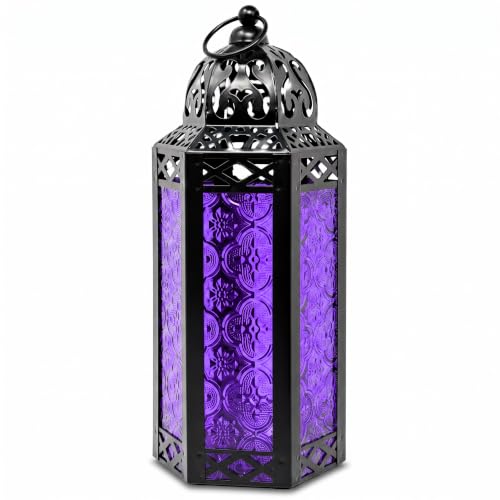 Moroccan Gothic Candle Holder Lantern - Purple Iron, 10.5" Tall