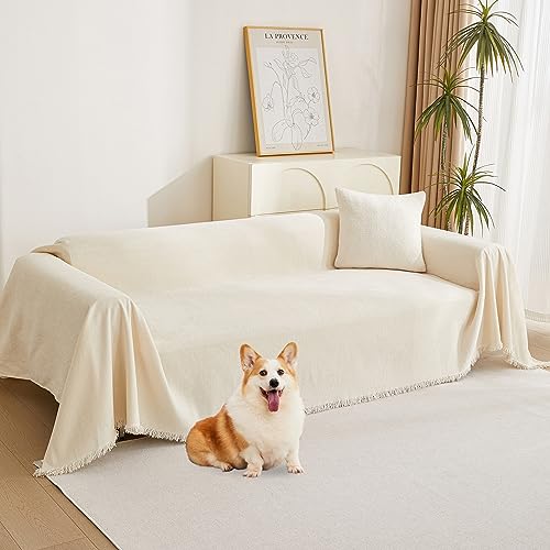 Beige Chenille Couch Cover - Pet-Friendly Sofa Throw (71" x 118")