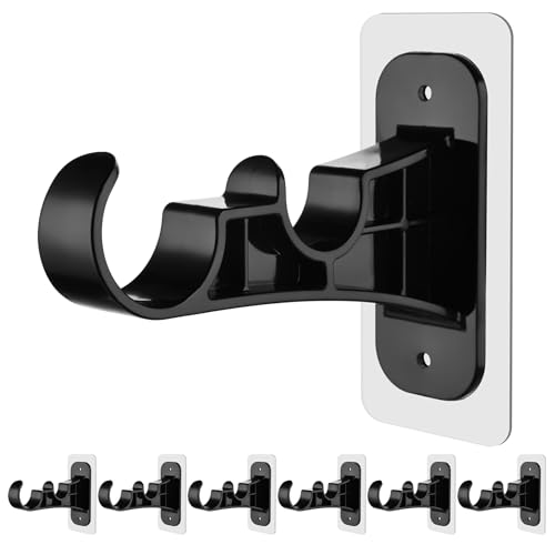 6 Pack Double Curtain Rod Brackets, Adhesive No Drill Curtain Hooks, Black