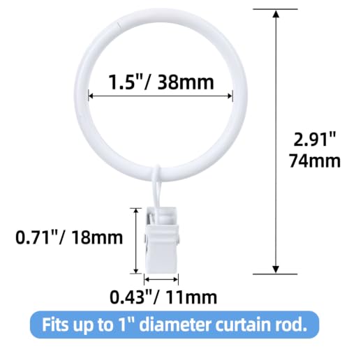20 PCS White Metal Curtain Rings with Clips - 1.5 Inch Interior Diameter