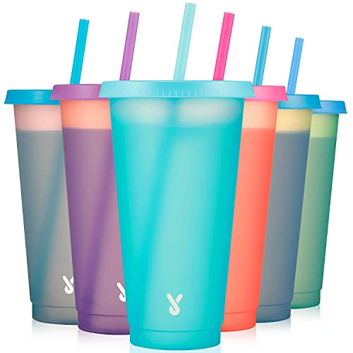 24 oz Color Changing Reusable Cold Cups with Lids and Straws - 6 Pack