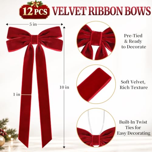 Milimot 12 Pcs Red Velvet Christmas Bows - 5 x 10 Inch, Red / 1 inch Ribbon