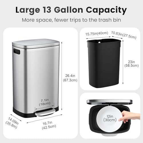 13 Gallon Stainless Steel Kitchen Trash Can with Soft Close Lid and Pedal