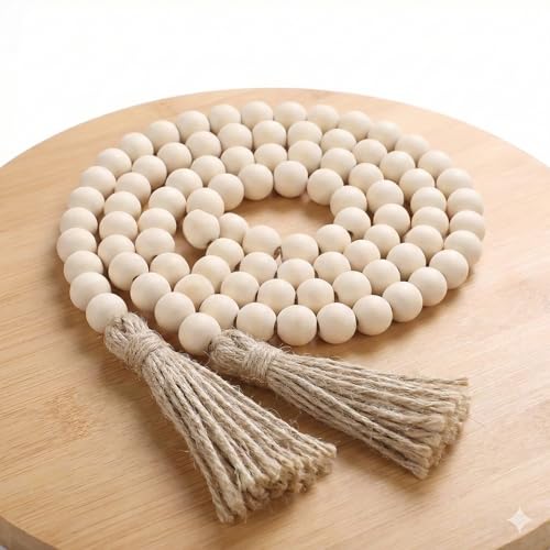 58-Inch Wood Bead Garland with Jute Tassels, Boho Farmhouse Table Decor