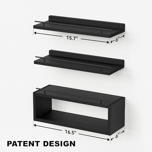 Floating Shelves with Cube Shelf and Metal Rail for Wall Storage Black