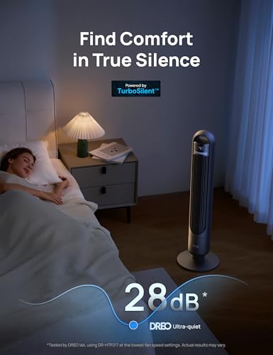 Dreo Tower Fan, Quiet 28dB Oscillating Standing Fan with Remote