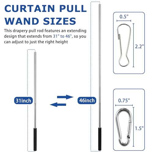 Adjustable Curtain Pull Wand - 31 to 46 Inch Stainless Steel Rod (2 Pack)