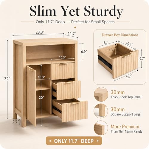 Slim Bathroom Storage Cabinet with 3 Drawers and Adjustable Shelf