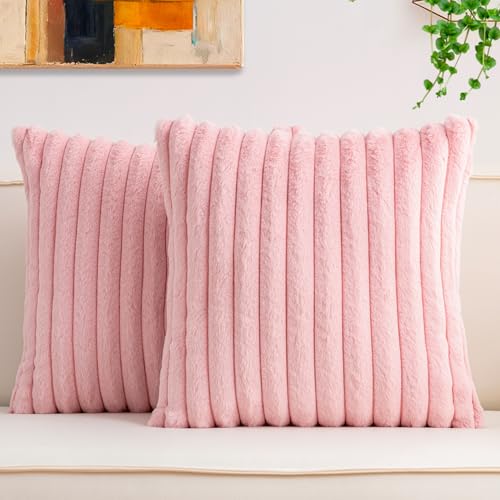 Aegero Pink Faux Fur Throw Pillow Covers 18x18 - Set of 2 Plush Cushion Covers