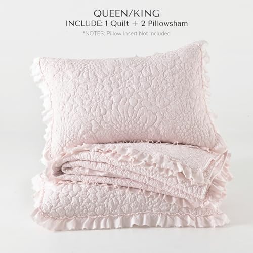 Pink Ruffled Quilt Set Queen - 3 Piece Stone-Washed Microfiber Bedding
