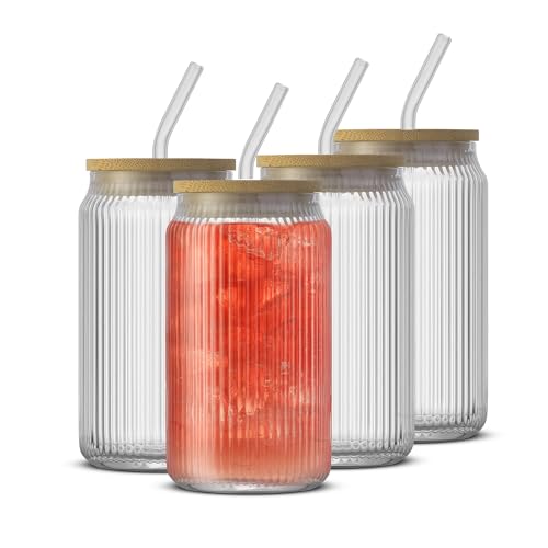 Ribbed Glass Tumblers with Bamboo Lids and Straws, 16oz Set of 4