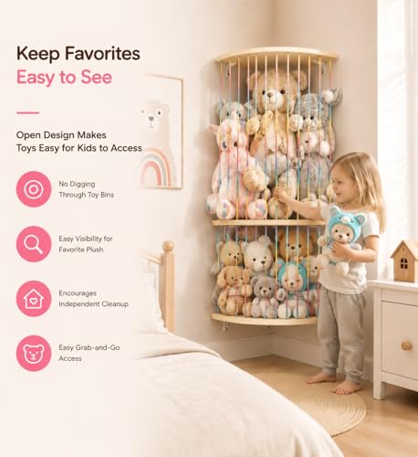 2-Tier Corner Stuffed Animal Hammock, Adjustable Toy Storage Organizer