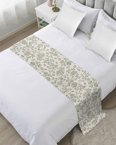 Sage Green Queen Bed Runner - Vintage Botanical Satin Bed Scarf (94"x20")