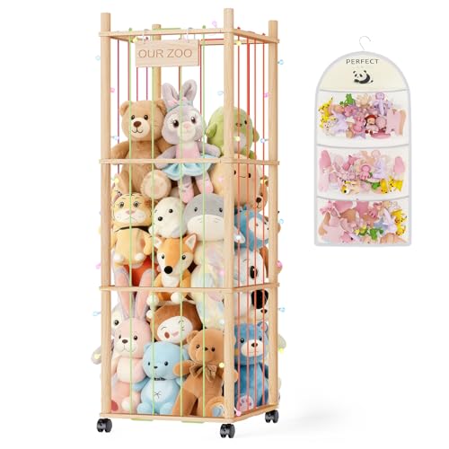Large Stuffed Animal Storage Zoo with Wooden Base and Rolling Casters