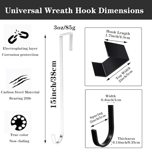 15-Inch Over the Door Wreath Hangers, 2 Pack Heavy Duty Steel Hooks (White)
